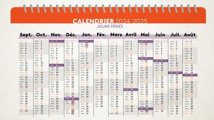 Le calendrier des jours fériés (en violet) et des jours à poser (entourés) pour maximiser ses congés lors de l'année scolaire 2024-2025. (FRANCEINFO / PAULINE LE NOURS)