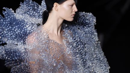 Chez Iris Van Herpen, la féminité est minérale : les robes (noires, grises ou écru) s'apparentent à des plaques de givre, des écailles de sirène ou des créatures marines. Pour la collection baptisée "Between the lines" ("entre les lignes"), la Néerlandaise joue de la transparence et des illusions d'optique et fait appel à la soie et à des matières plastiques découpées au laser. 
 (Patrick KOVARIK / AFP)