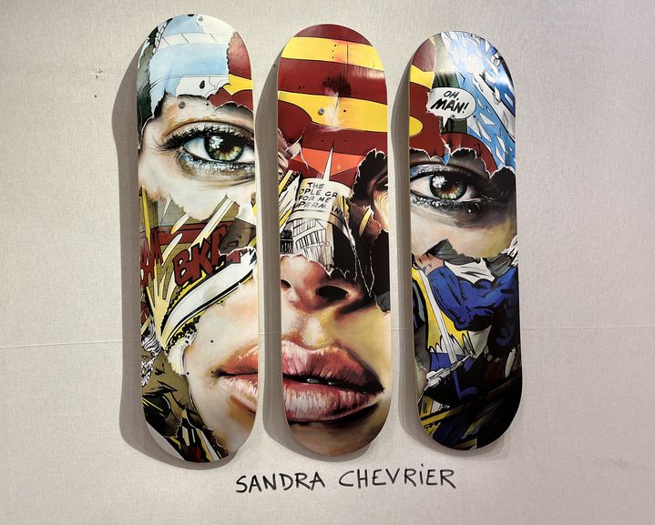 Une oeuvre de l'artiste canadienne Sandra Chevrier exposée à la foire District 13 Art Fair, le 13 janvier 2022 à l'Hôtel Drouot (Paris). (LAURE NARLIAN / FRANCEINFO)