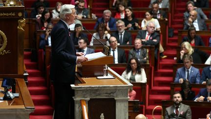 Le Premier ministre, Michel Barnier, prononce son discours de politique générale à l'Assemblée nationale, le 1er octobre 2024. (ALAIN JOCARD / AFP)