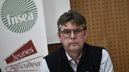 Hervé Lapie, secretary general of the FNSEA and farmer in Marne, during a press conference, February 1, 2024. (STEPHANE DE SAKUTIN / AFP)