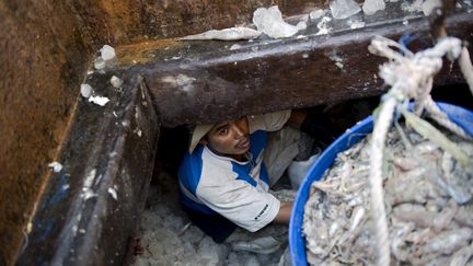 Un migrant cambodgien travaillant sur un bateau de p&ecirc;che tha&iuml;landais, le 25 f&eacute;vrier 2010. (NICOLAS ASFOURI / AFP)