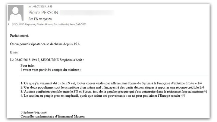 "On va pouvoir riposter" - Mail envoyé par Pierre Person le 6 juillet 2015, en réponse à Stéphane Séjourné.  (RADIOFRANCE)