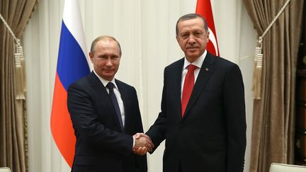 Vladimir Poutine (à gauche) et Recep Tayyip Erdogan, à Ankara (Turquie), le 1er décembre 2014. (TURKISH PRESIDENTIAL PALACE / MAXPPP)