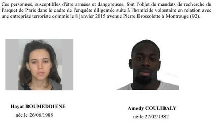 L'avis de recherche de Hayat Boumeddiene et Amedy Coulibaly diffus&eacute; par la police, le 9 janvier 2015. (POLICE)