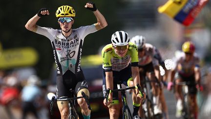 L'Espagnol Pello Bilbao se montre le plus rapide et enlève la 10e étape du Tour de France à Issoire (Auvergne), le 11 juillet 2023. (ANNE-CHRISTINE POUJOULAT / AFP)