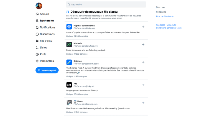Des exemples de fils d'actualité disponibles sur le réseau social Bluesky, concurrent de X. (BLUESKY)