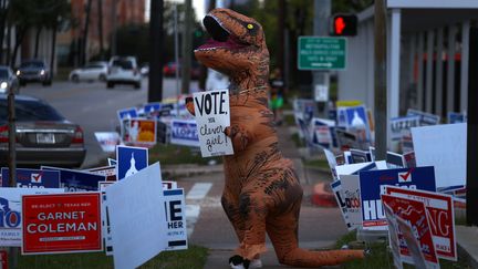 A Houston (Texas), c'est un dinosaure gonflable qui s'est levé de bonne heure pour inciter les électeurs à voter pour les midterms, le 6 novembre 2018. (CATHAL MCNAUGHTON / REUTERS)