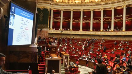 L'hémicycle de l'Assemblée nationale, à Paris, le 26 octobre 2024. (QUENTIN DE GROEVE / HANS LUCAS / AFP)