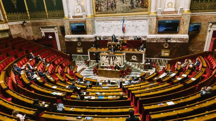 Les bancs de l'Assemblée nationale, à Paris, le 10 novembre 2021. (ADRIEN FILLON / HANS LUCAS / AFP)