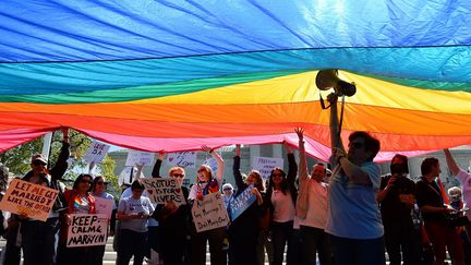 &nbsp;"Laissez-moi me marier comme les autres !", supplie l'un de ces manifestants r&eacute;unis sous un immense drapeau arc-en-ciel en attendant la d&eacute;cision de la Cour supr&ecirc;me, vendredi 26 juin 2015. (OLIVIER DOULIERY / GETTY IMAGES NORTH AMERICA/AFP)