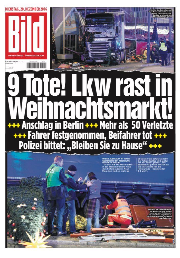 "Neuf morts ! Un camion fonce sur le marché de Noël", déplore "Bild" en une de son édition du 20 décembre 2016. (BILD)