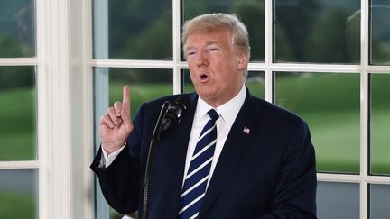 Le président américain Donald Trump, le 7 août 2018, lors d'un&nbsp;discours à&nbsp;Bedminster (New Jersey). (BRENDAN SMIALOWSKI / AFP)