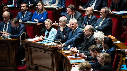 Le gouvernement sur les bancs de l'Assemblée nationale, le 20 mars 2023. (XOSE BOUZAS / HANS LUCAS / AFP)