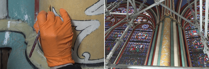 Images d'une vidéo de l'AFP prise le 11 avril 2024 montrant la restauration des peintures sur les piliers à l'intérieur de la cathédrale Notre-Dame de Paris. (Mathilde BELLENGER / AFP)