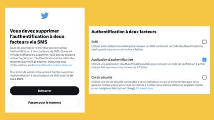 À gauche, le message, reçu par les utilisateurs d'un compte Twitter gratuit au sujet de la disparition, après le 19 mars 2023, de l'authentification à double facteur par SMS. A droite, la modification à apporter pour passer désormais par une application d'authentification. (TWITTER)