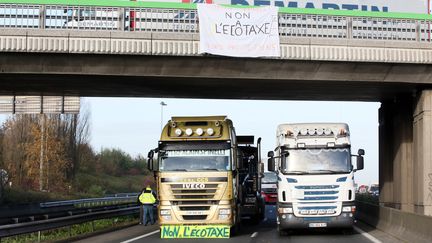 Manifestation contre l'&eacute;cotaxe pr&egrave;s de Lille (Nord), le 2 d&eacute;cembre 2013. (CITIZENSIDE / THIERRY THOREL / AFP)