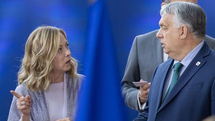 La Première ministre italienne Giorgia Meloni et son homologue hongrois Viktor Orban discutent en marge du Conseil européen, à Bruxelles (Belgique), le 27 juin 2024. (NICOLAS ECONOMOU / NURPHOTO / AFP)