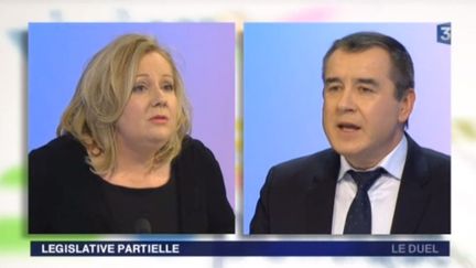 La frontiste Sophie Montel et le socialiste Fr&eacute;d&eacute;ric Barbier, candidats &agrave; la l&eacute;gislative partielle de la 4e circonscription du Doubs, en d&eacute;bat sur France 3 Franche-Comt&eacute;, le 6 f&eacute;vrier 2015. (FRANCE 3 FRANCHE-COMTE)