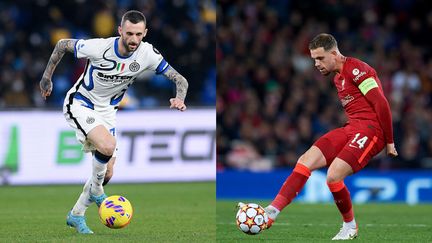 Le duel entre Marcelo Brozovic (Inter) et Jordan Henderson (Liverpool) sera particulièrement suivi mercredi. (GIUSEPPE MAFFIA / NURPHOTO / NURPHOTO VIA AFP JOSE BRETON / NURPHOTO / NURPHOTO VIA AFP)