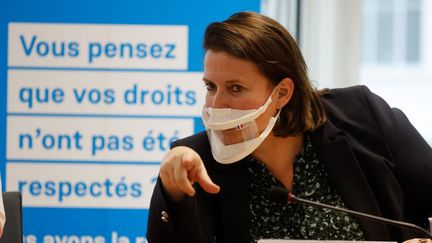 La Défenseure des droits, Claire Hédon, lors de l'inauguration du centre d'appel anti-discrimination à Paris, le 12 février 2021. (LUDOVIC MARIN / AFP)