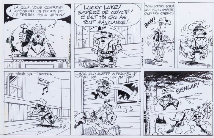 René Goscinny (scénario) et Morris (dessin), avec un assistant de Morris (dessin) Lucky Luke : La Ballade des Dalton, 1978 pl. n°105-108 Encre de Chine sur papier 
 (Mediatoon)