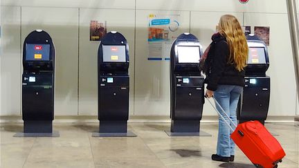 Une voyageuse dans un aéroport.&nbsp; (PATRICK LEFEVRE / MAXPPP)