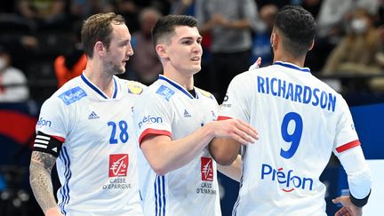 Valentin Porte, Aymeric Minne et Melvyn Richardson après le match des Français face aux Pays-Bas, le jeudi 20 janvier. (ATTILA KISBENEDEK / AFP)