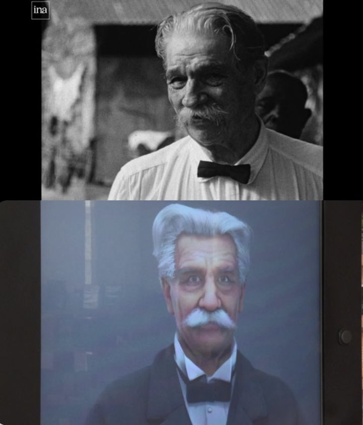 Moustache broussailleuse, chevelure poivre et sel, l'avatar numérique du docteur Albert Schweitzer vous accueille à l'entrée de sa maison-musée de Gunsbach (Alsace). (FRANCE 3)