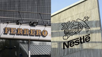 Les logos des deux géants de l'agroalimentaire Ferrero et Nestlé. (JEAN-LUC FLÉMAL / BELPRESS / LAURENT GILLIERON / EPA / KEYSTONE FILE / MAXPPP)