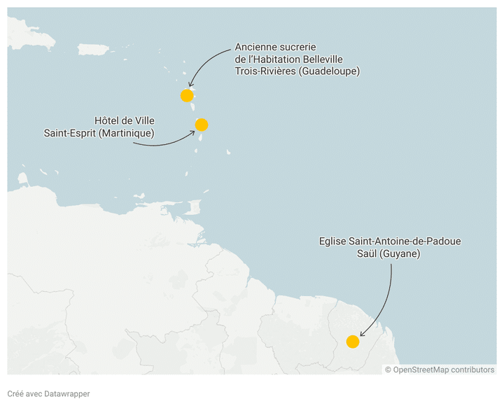 Les sites retenus pour le Loto du patrimoine 2023 dans les Antilles et en Guyane. (FRANCEINFO / RADIO FRANCE)