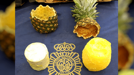 Un cylindre de cocaïne découvert dans un ananas vidé, à Madrid, le 27 août 2018. (POLICE ESPAGNOLE / AFP)