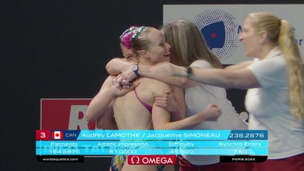 Dernier duo à se dépasser, Audrey Lamothe et Jacqueline Simoneau ont pris la troisième et dernière place du podium.  Avec une note de 238,28, les Canadiens ont dépassé de peu le duo japonais Moe Higa et Mashiro Yasunaga qui ont obtenu une note de 236,73.