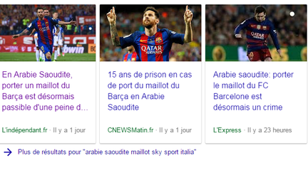 Des dizaines d'articles affirment à tort que l'Arabie saoudite interdit le port du maillot du Barça. (CAPTURE D’ÉCRAN GOOGLE ACTU)