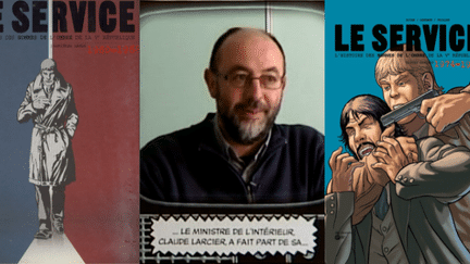 Le dessinateur Alain Paillou et les deux tomes de "Le service"
 (Emmanuel Proust Éditions)