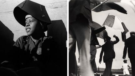 A gauche, Dorothea Lange, "Shipyard Worker, Richmond, California", vers 1943 - A droite Ré Soupault, "Délégation de grévistes à la fête de la victoire du Front Populaire, le 14 juin 1936", Centre Pompidou, Paris
 (A gauche © The Dorothea Lange Collection, the Oakland Museum of California, City of Oakland. Gift of Paul S. Taylor -  A droite © Centre Pompidou, MNAM-CCI/ Georges Meguerditchian/Dist. RMN-GP © Adagp, Paris 2018)