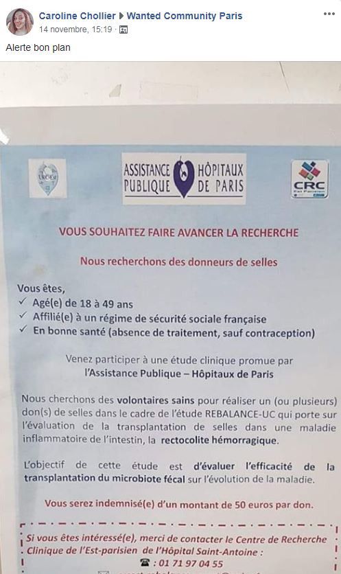 L'affiche postée par une internaute sur le dons de selles à l'Hôpital Saint-Antoine à Paris. (CAROLINE CHOLLIER / WANTED COMMUNITY PARIS)