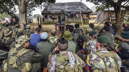 Un membre des Farc explique à ses combattants le déroulement de l'accord de paix avec le gouvernement en février 2016. (LUIS ACOSTA / AFP)