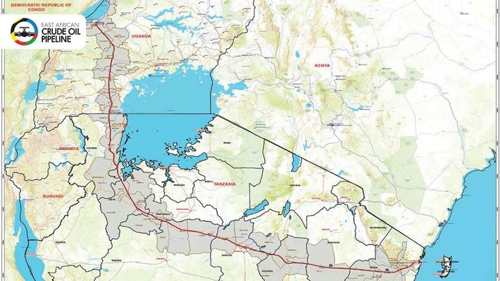 Carte montrant le tracé du futur pipeline de TotalEnergies traversant l’Ouganda et la Tanzanie. (eacop.com)