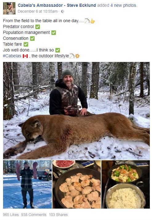 Sur Facebook, Steve Ecklund pose avec le puma qu'il vient de tuer et cuisiner. (FACEBOOK)