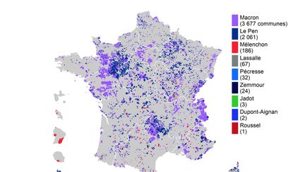 Candidats en tête en 2022 dans les communes qui avaient placé Fillon en tête en 2017 (MATHIEU LEHOT-COUETTE / FRANCEINFO)