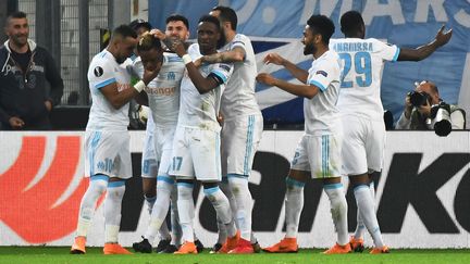 Les joueurs de l'Olympique de Marseille, le 26 avril 2018. (BORIS HORVAT / AFP)