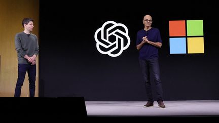 November 6, 2023. San Francisco, California.  Microsoft CEO Satya Nadella (D) and OpenAI CEO Sam Altman (L) delivering the keynote speech at the first OpenAI Developer Conference.  (JUSTIN SULLIVAN / GETTY IMAGES NORTH AMERICA / GETTY IMAGES VIA AFP)