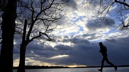 Un homme court le long du lac Tegel, le 2 janvier 2019 à Berlin (Allemagne). (TOBIAS SCHWARZ / AFP)