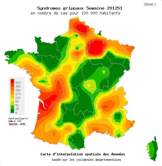 Carte des syndromes grippaux en France m&eacute;tropolitaine. (CAPTURE SENTINELLES-INSERM)