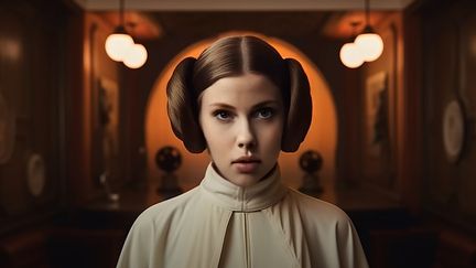 Le visage de Scarlett Johansson traité par une IA dans la bande annonce d'un Star Wars imaginaire réalisé par Wes Anderson. (CAPTURE D'ECRAN)