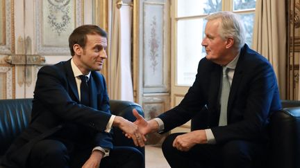 French President Emmanuel Macron and Michel Barnier during a meeting at the Elysee Palace in Paris, January 31, 2020. Michel Barnier was appointed Prime Minister on September 5, 2024. (LUDOVIC MARIN / AFP)