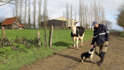 Vincent Gosselin et sa chienne de berger, Ibra, mènent le troupeau de vaches laitières au pré, à Fervaches (Manche) le 11 février 2016. (BENOIT ZAGDOUN / FRANCETV INFO)