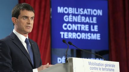 Le Premier ministre Manuel Valls durant sa conf&eacute;rence de presse o&ugrave; il a annonc&eacute; ses mesures pour lutter contre le terrorisme, &agrave; Paris le 21 janvier 2015. (PHILIPPE WOJAZER / POOL)