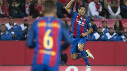 La joie de l'attaquant du Barça Luis Suarez (JORGE GUERRERO / AFP)